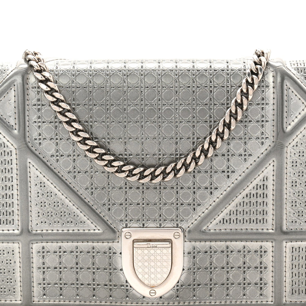 Christian Dior Metallic Patent Micro-Cannage Diorama Wallet on Chain Pouch Silver