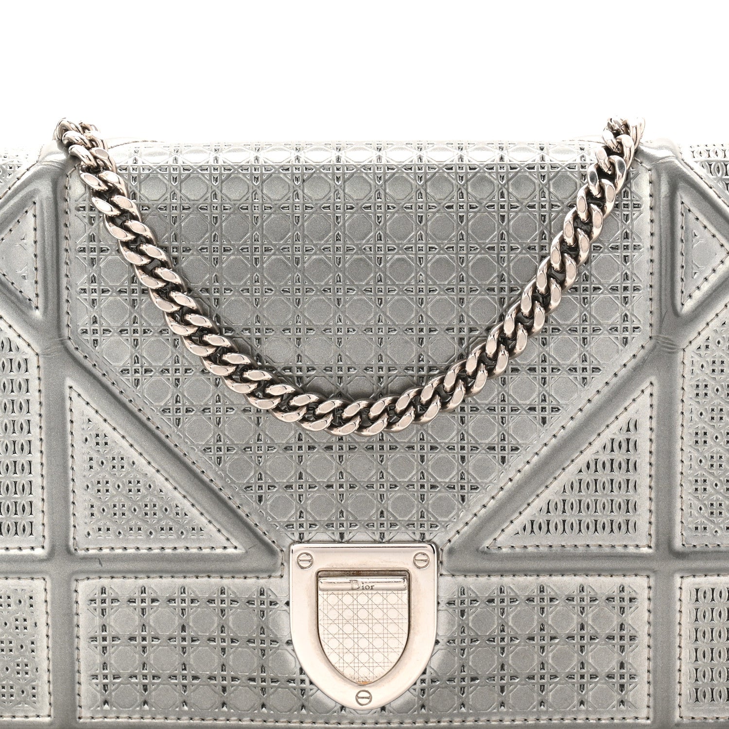 Christian Dior Metallic Patent Micro-Cannage Diorama Wallet on Chain Pouch Silver