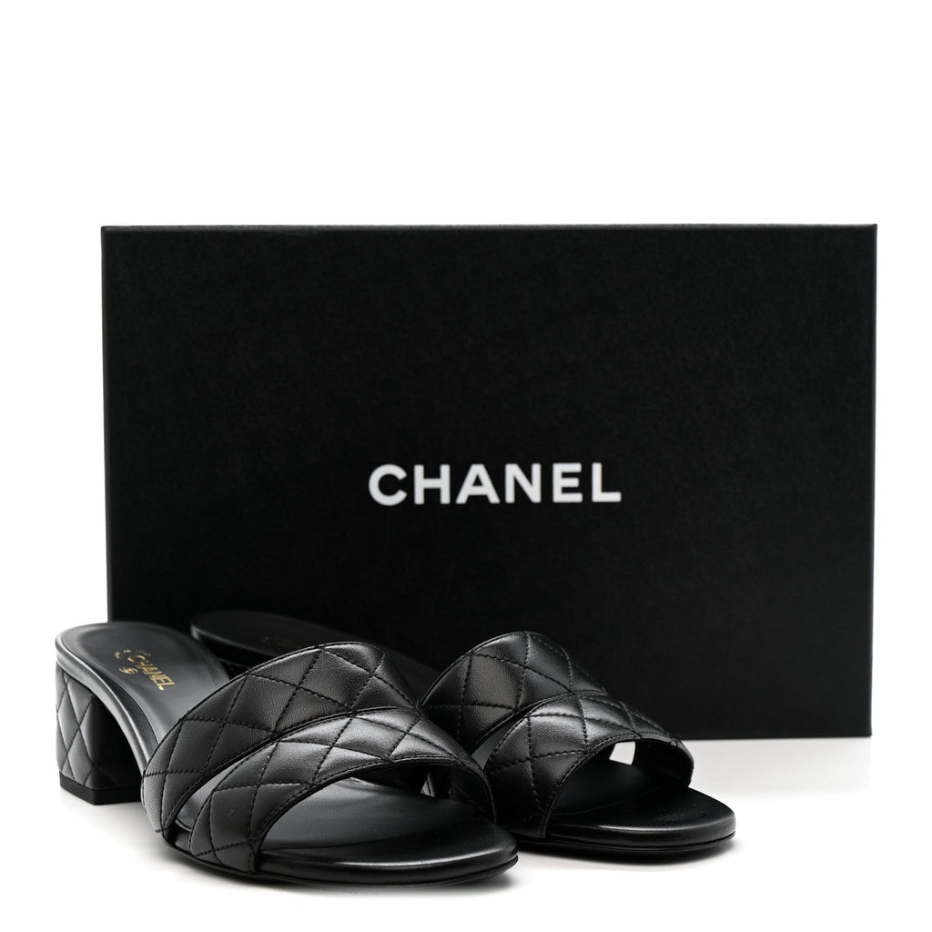 Lambskin Quilted CC Mules Sandals 39 Black
