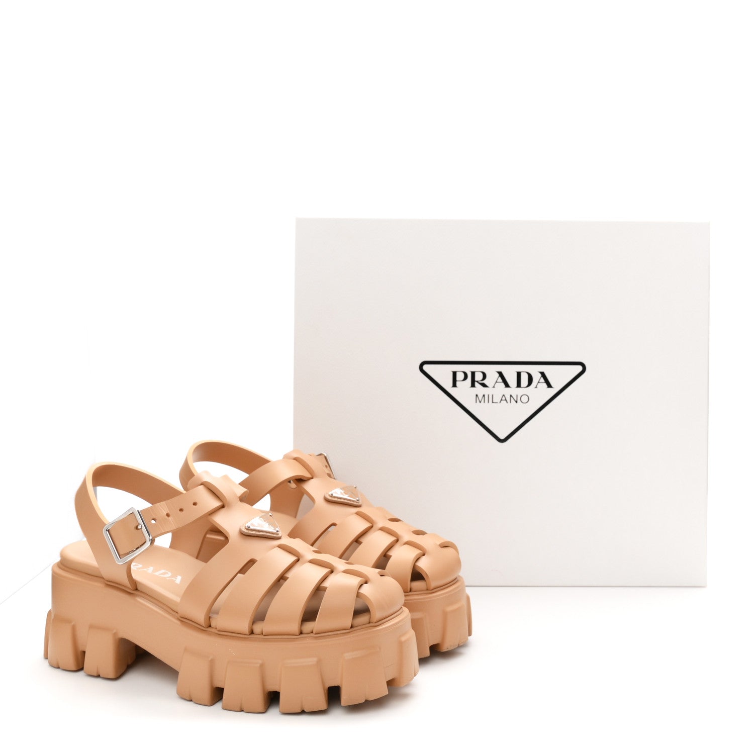 Prada Foam Rubber Metal Triangle Logo Monolith 55mm Cage Sandals 37 Barley
