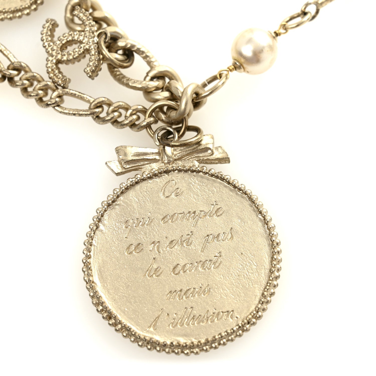 Metal Pearl Chain CC Triple Medallion Charm Belt Gold