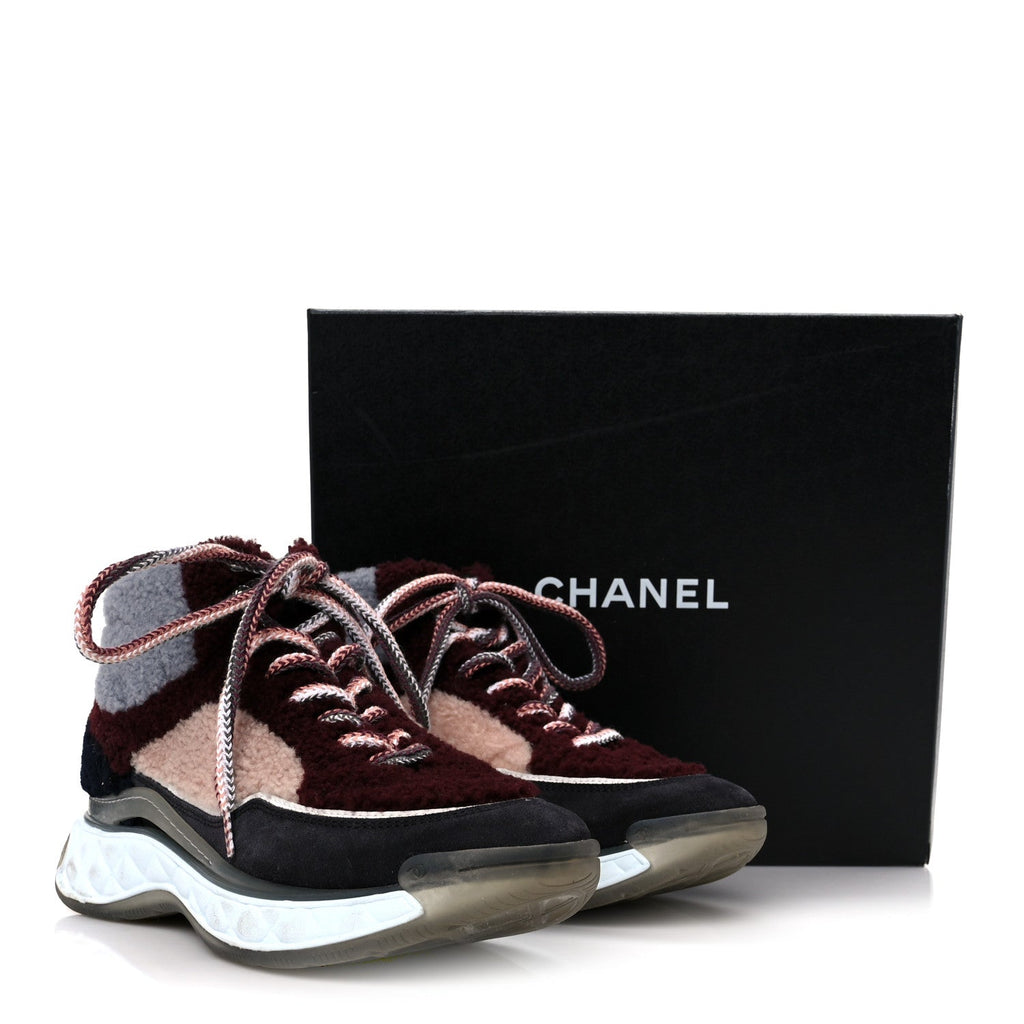 Chanel Shearling Suede CC High Top Sneakers 39 Grey Pink Burgundy
