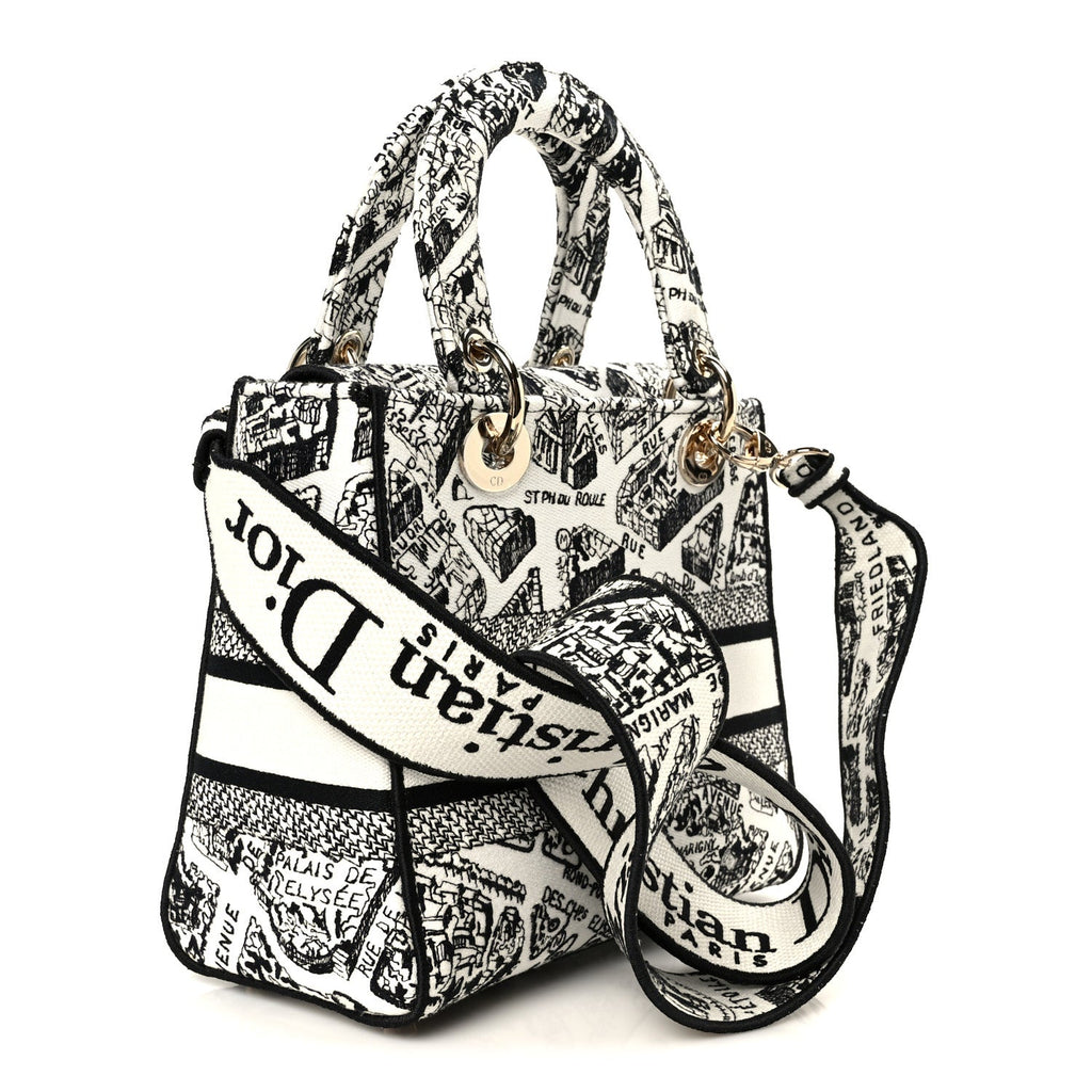 Christian Dior Canvas Embroidered Plan de Paris Medium Lady D-Lite White Black