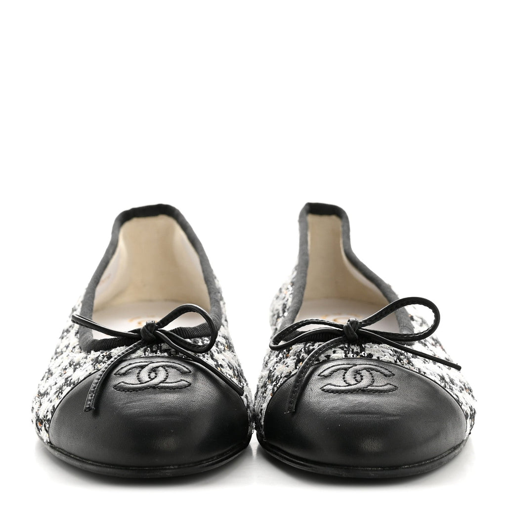 Chanel Tweed Sequin Lambskin Cap Toe Ballerina Flats 39 Black