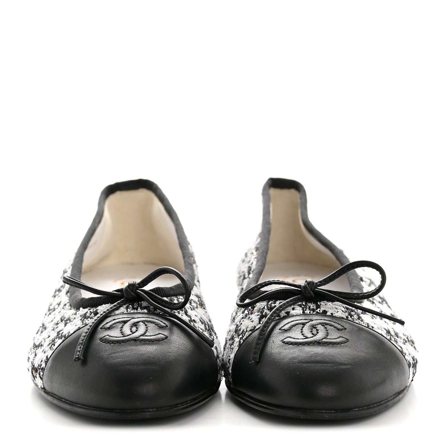 Chanel Tweed Sequin Lambskin Cap Toe Ballerina Flats 39 Black