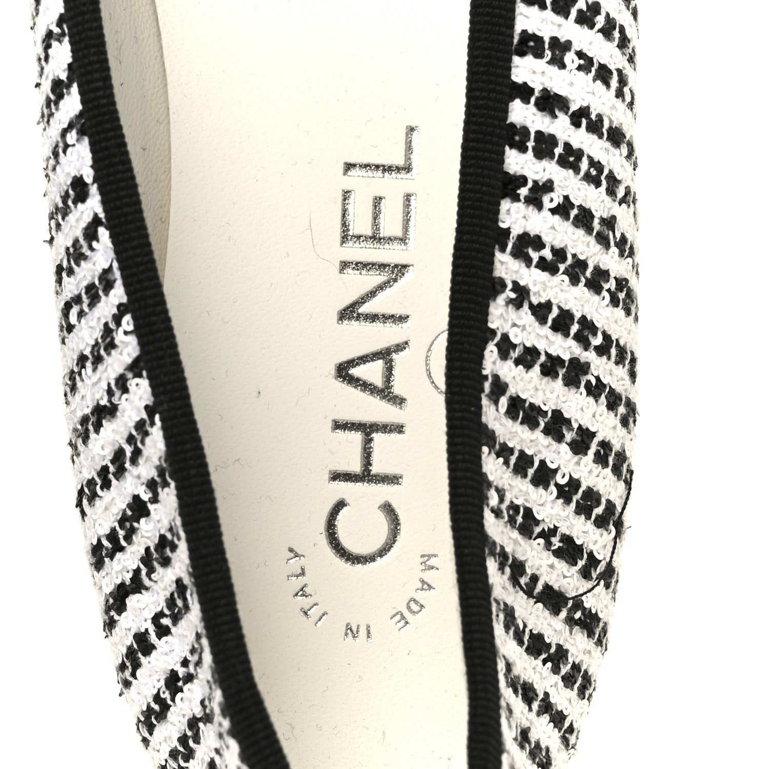 Chanel Tweed Sequin Grosgrain Cap Toe Ballerina Flats 39.5 Black White