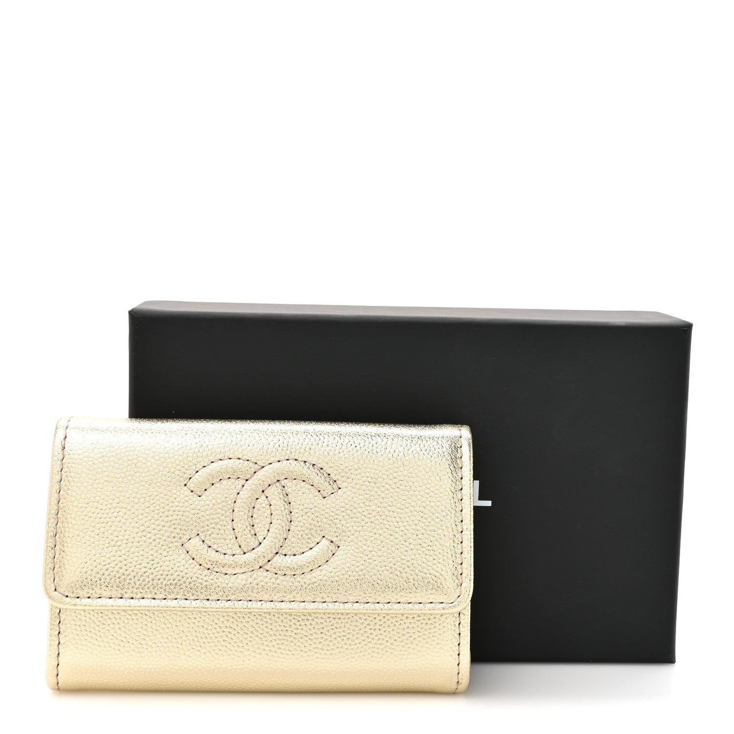 Metallic Caviar Quilted CC Flap Card Holder Gold