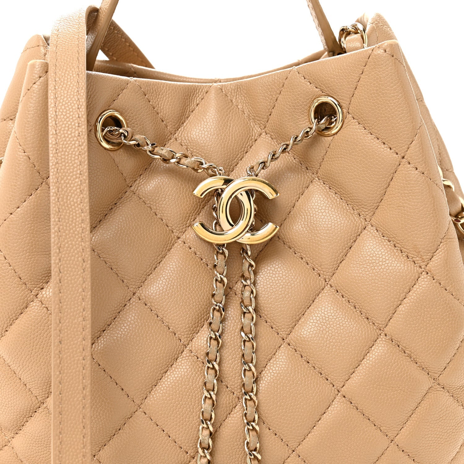 Chanel Caviar Quilted Large Rolled Up Bucket Drawstring Bag Beige