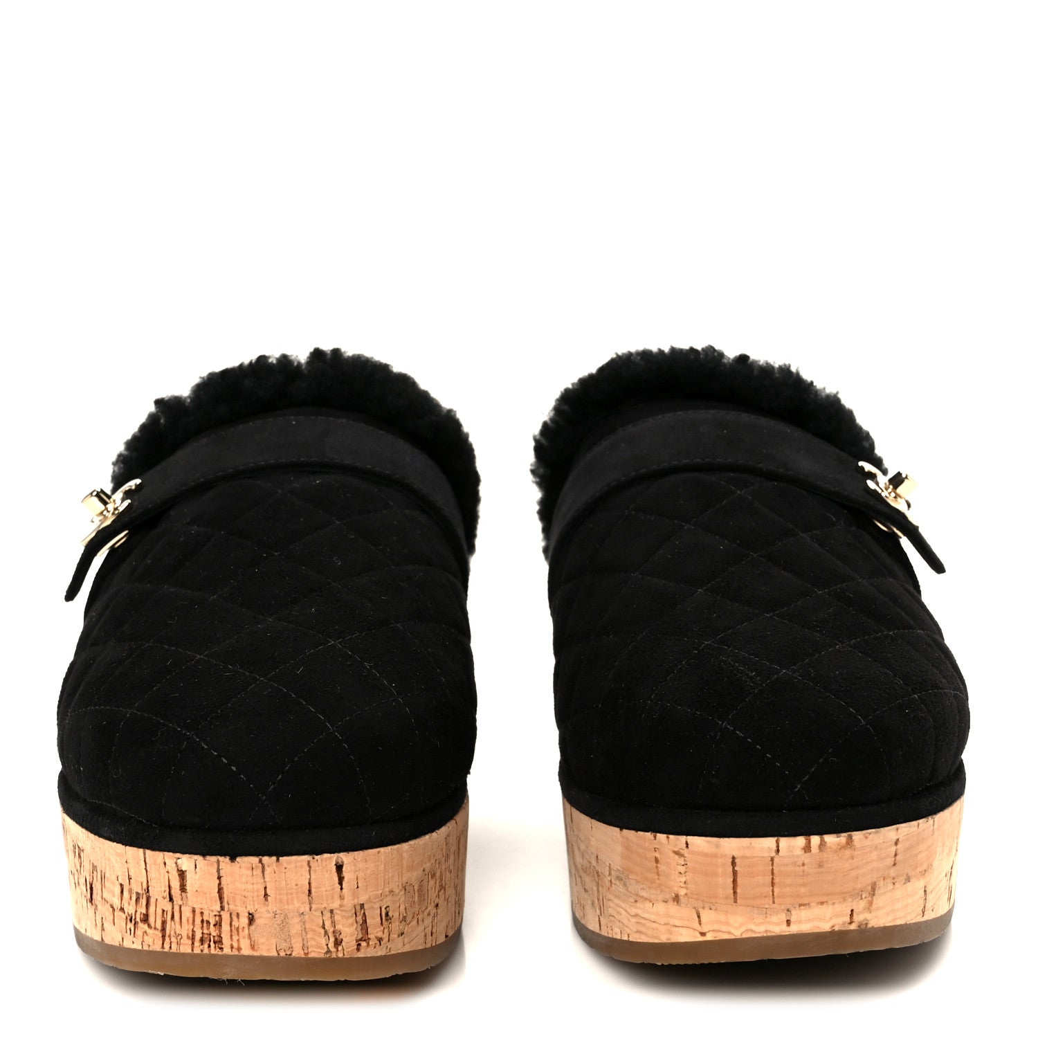 Chanel Suede Calfskin Shearling Turn Lock Clogs 38 Black