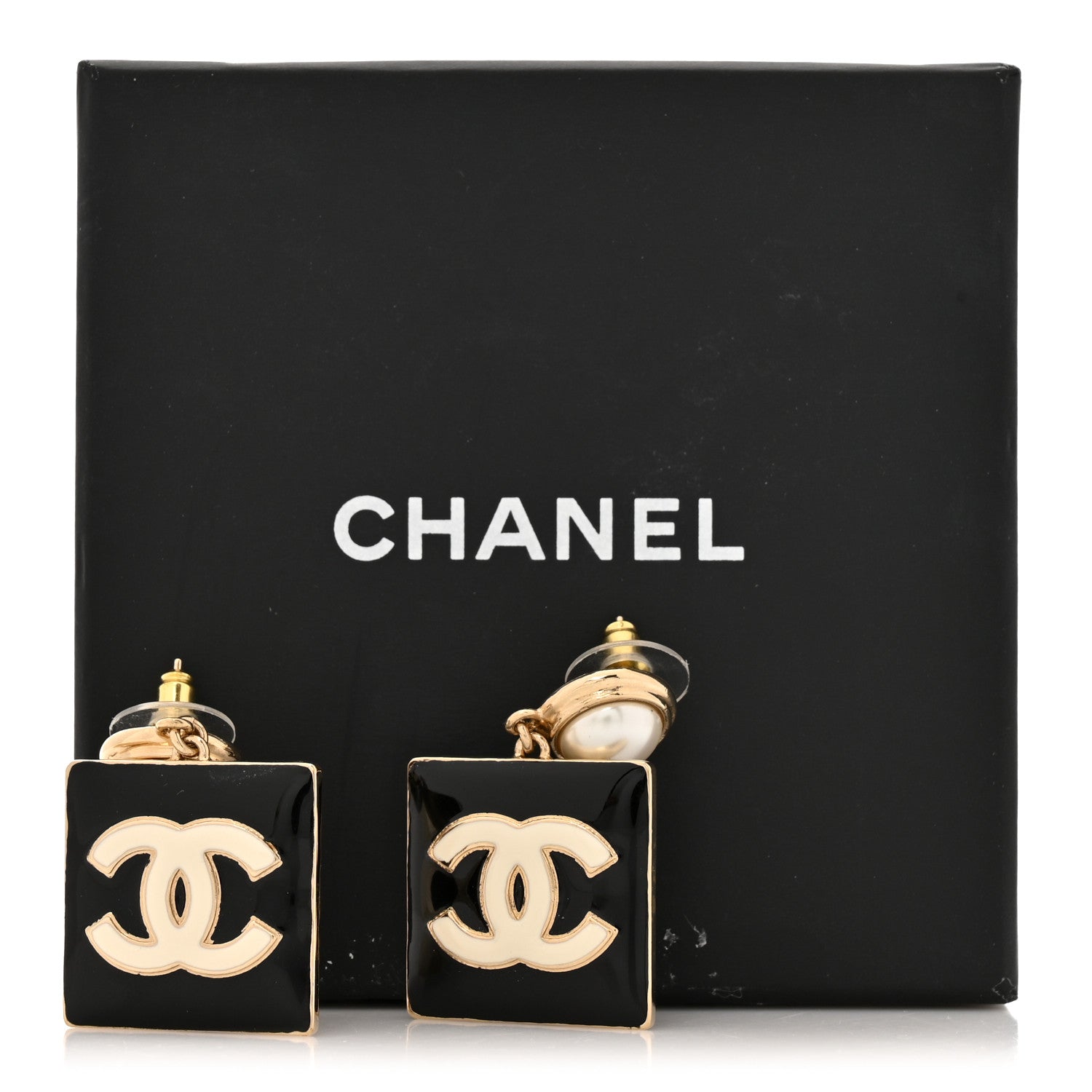 Metal Resin Pearl CC Drop Earrings Gold Black White