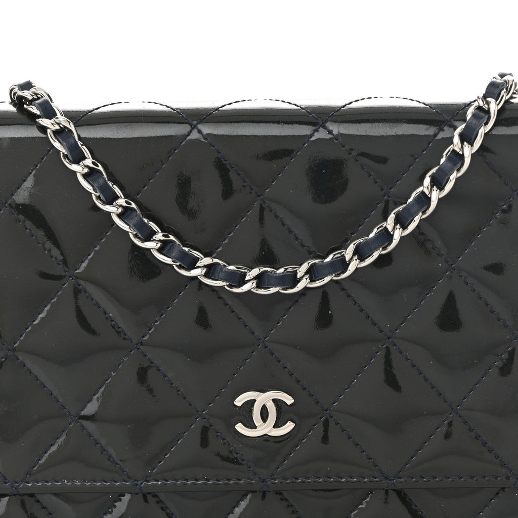 Chanel Patent Quilted Wallet On Chain WOC Navy Blue