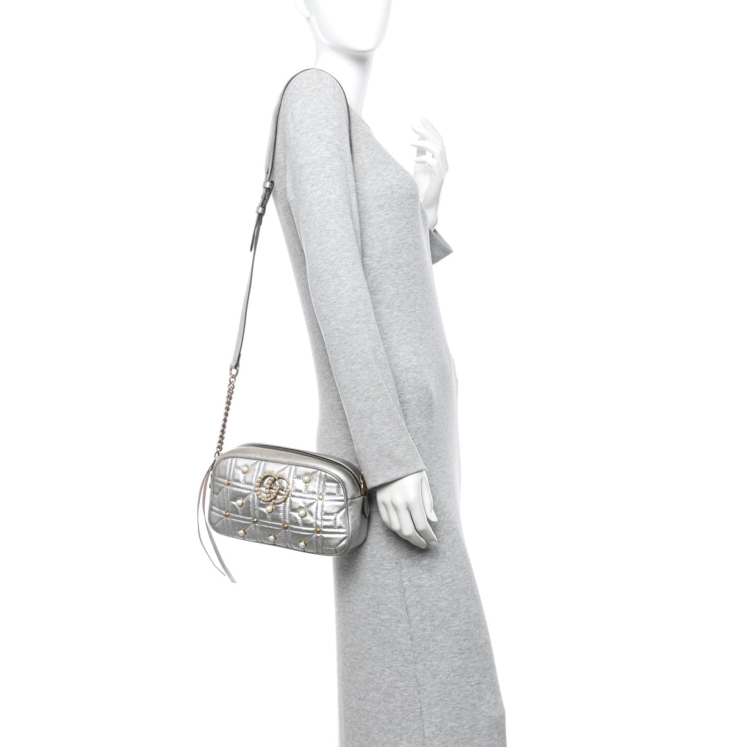 Gucci Metallic Calfskin Matelasse Studded Small Pearly GG Marmont Chain Shoulder Bag Silver