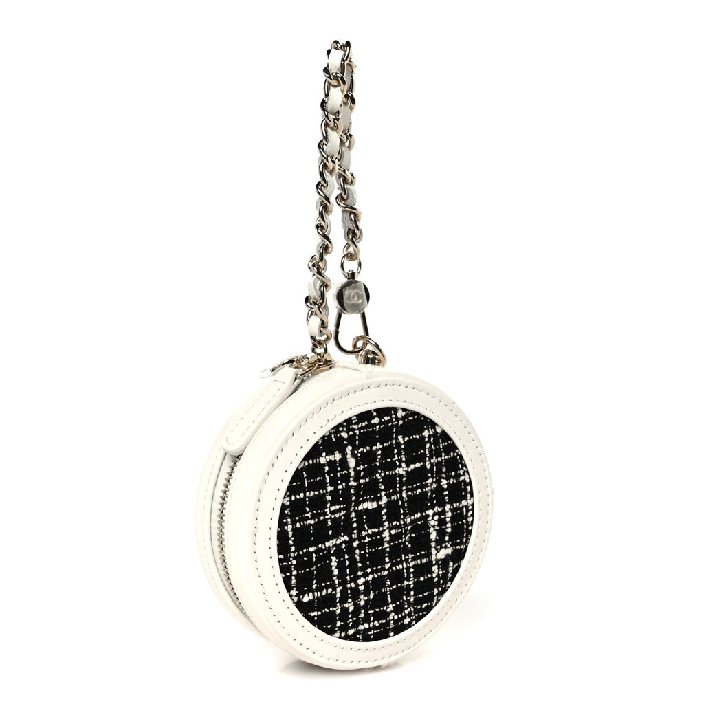 Chanel Tweed Quilted Round Filigree Pouch With Chain White Black