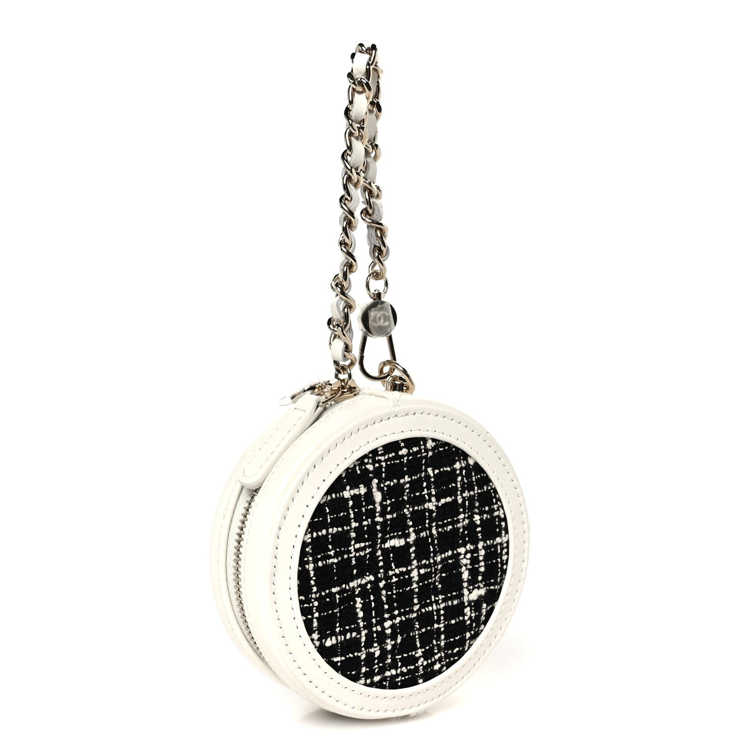 Chanel Tweed Quilted Round Filigree Pouch With Chain White Black