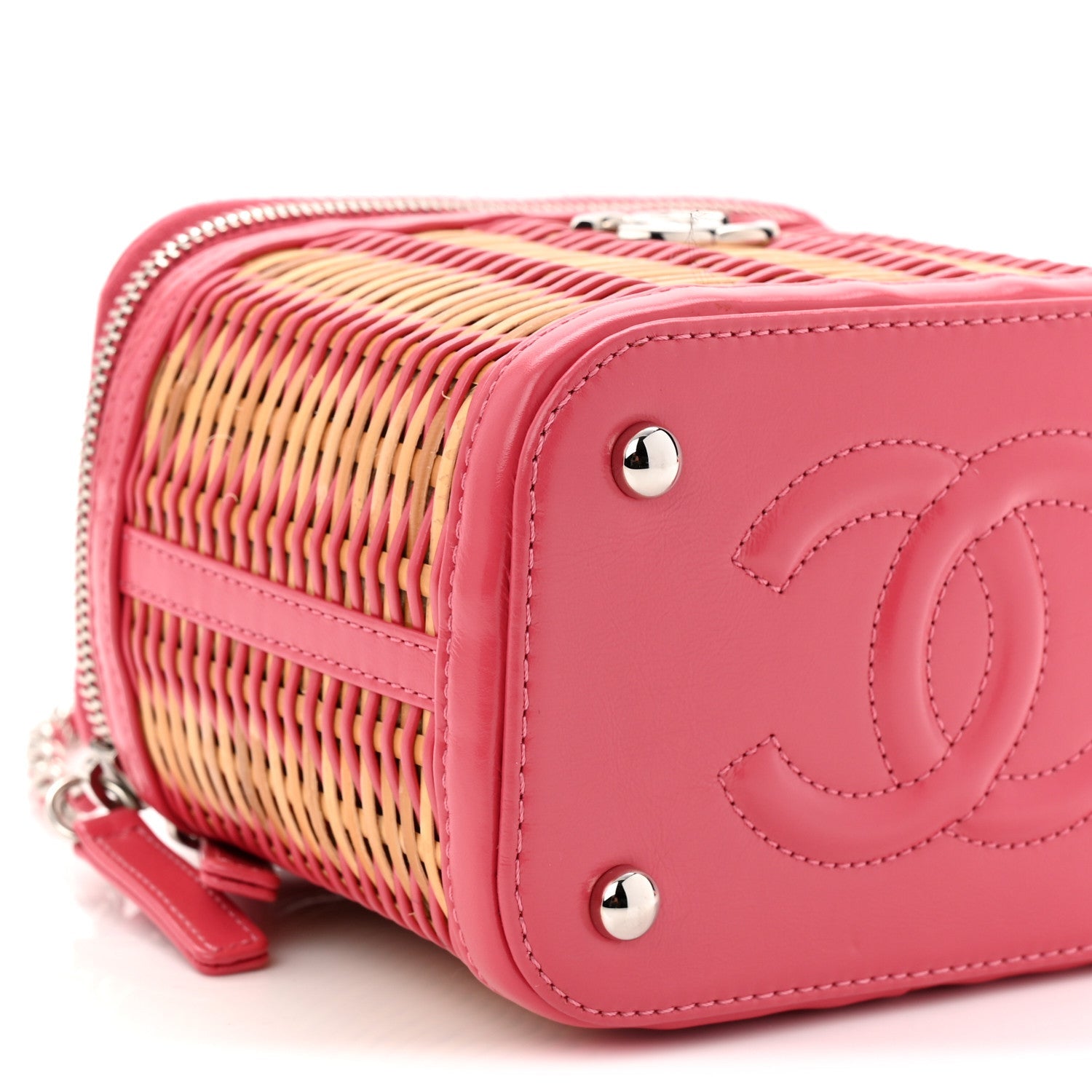 Chanel Calfskin Raffia Small Take Away Vanity Case Bag Pink Beige