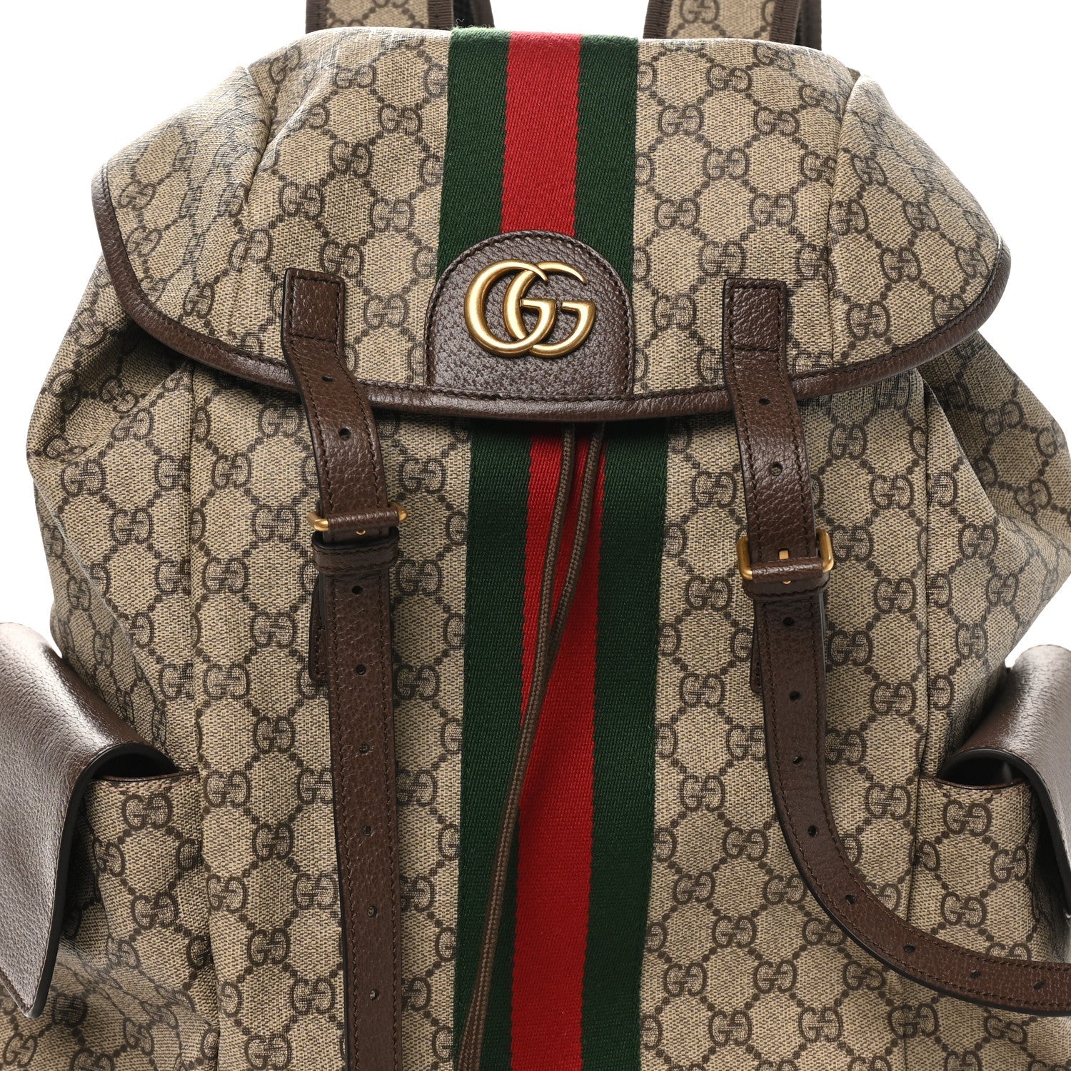 Gucci GG Supreme Monogram Medium Ophidia Double Buckle Backpack Brown