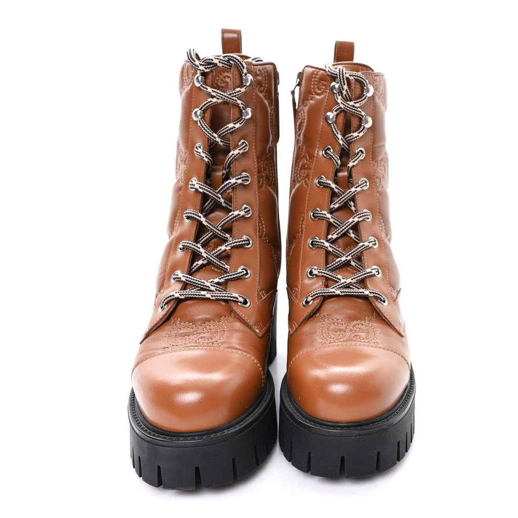 Gucci Cordovan Lux Nappa GG Matelasse Lace Up 60mm Combat Boots 37.5 Dark Hazel Brown