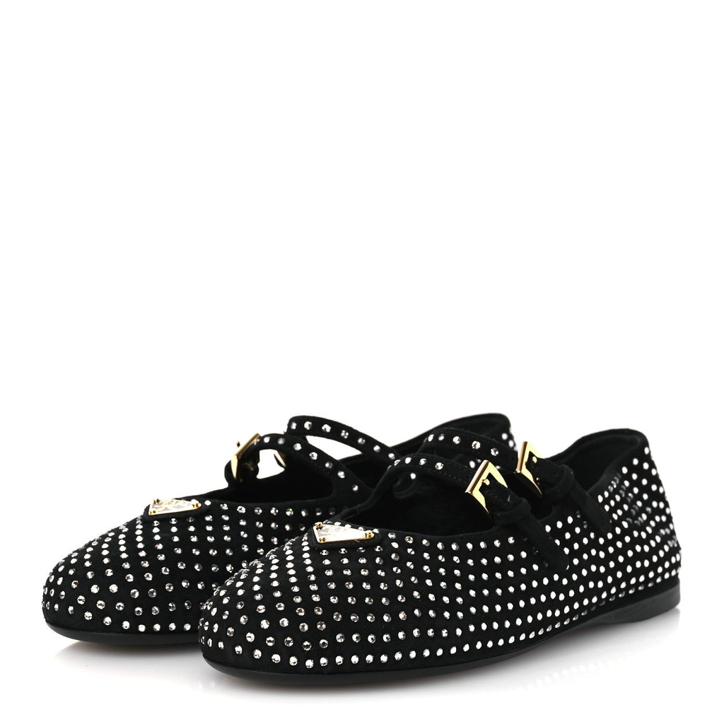 Prada Suede Crystal Studded Ballerina Flats 37 Black