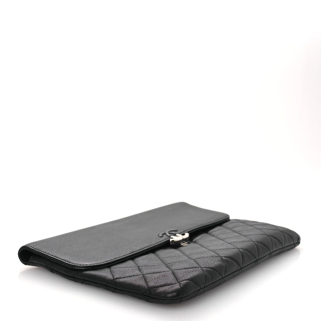 Grained Calfskin Quilted CC Box Pouch Black