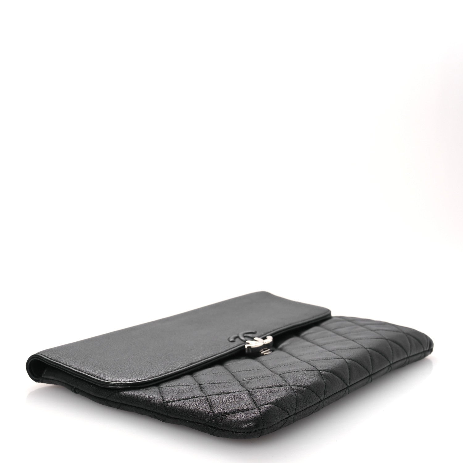 Grained Calfskin Quilted CC Box Pouch Black