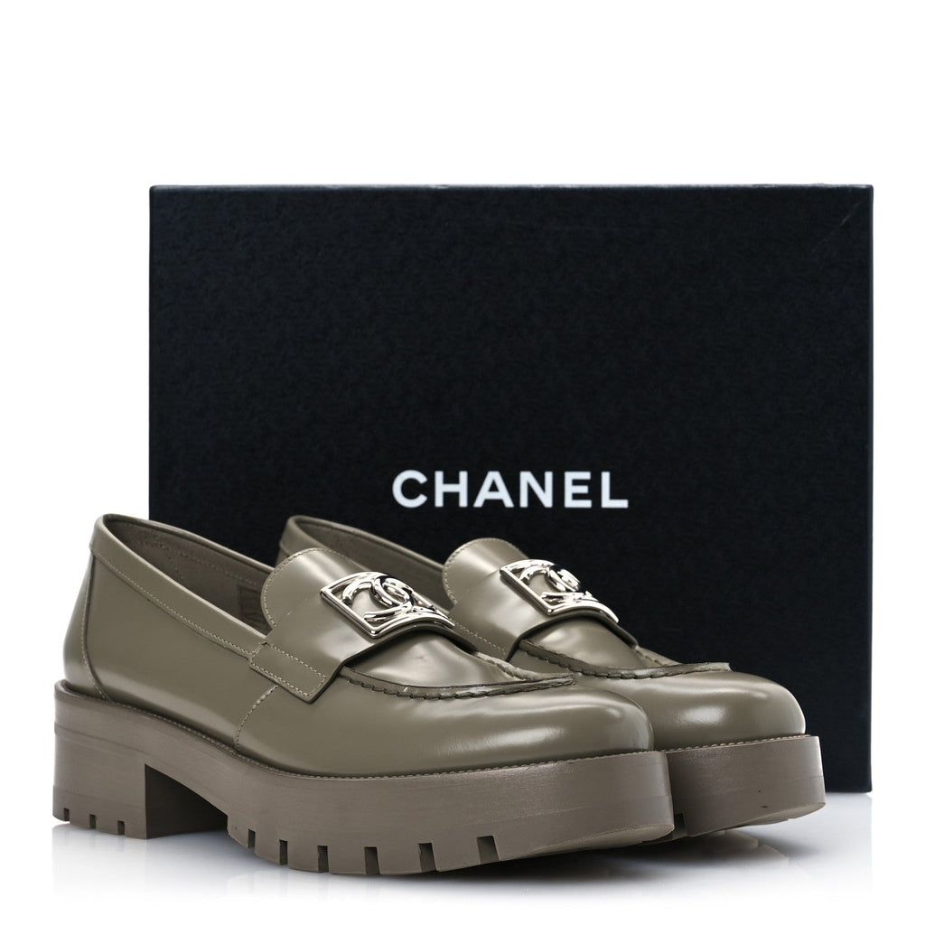 Calfskin Metal CC Loafers 40 Khaki