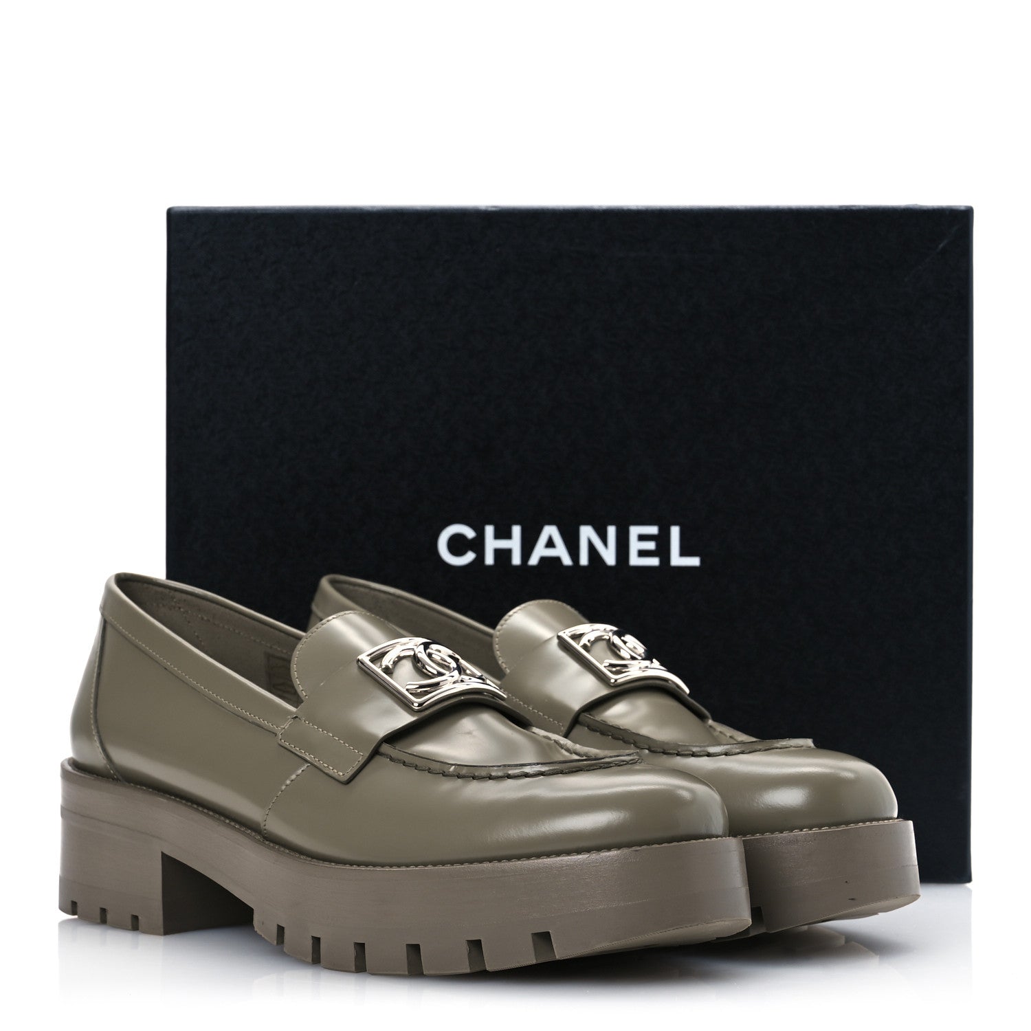 Calfskin Metal CC Loafers 40 Khaki
