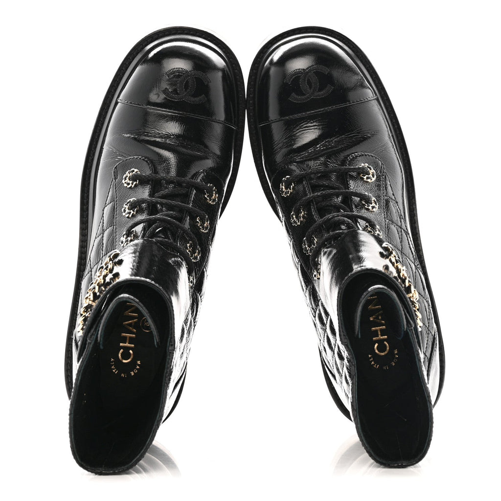 Chanel Shiny Calfskin Quilted Lace Up Combat Boots 39 Black