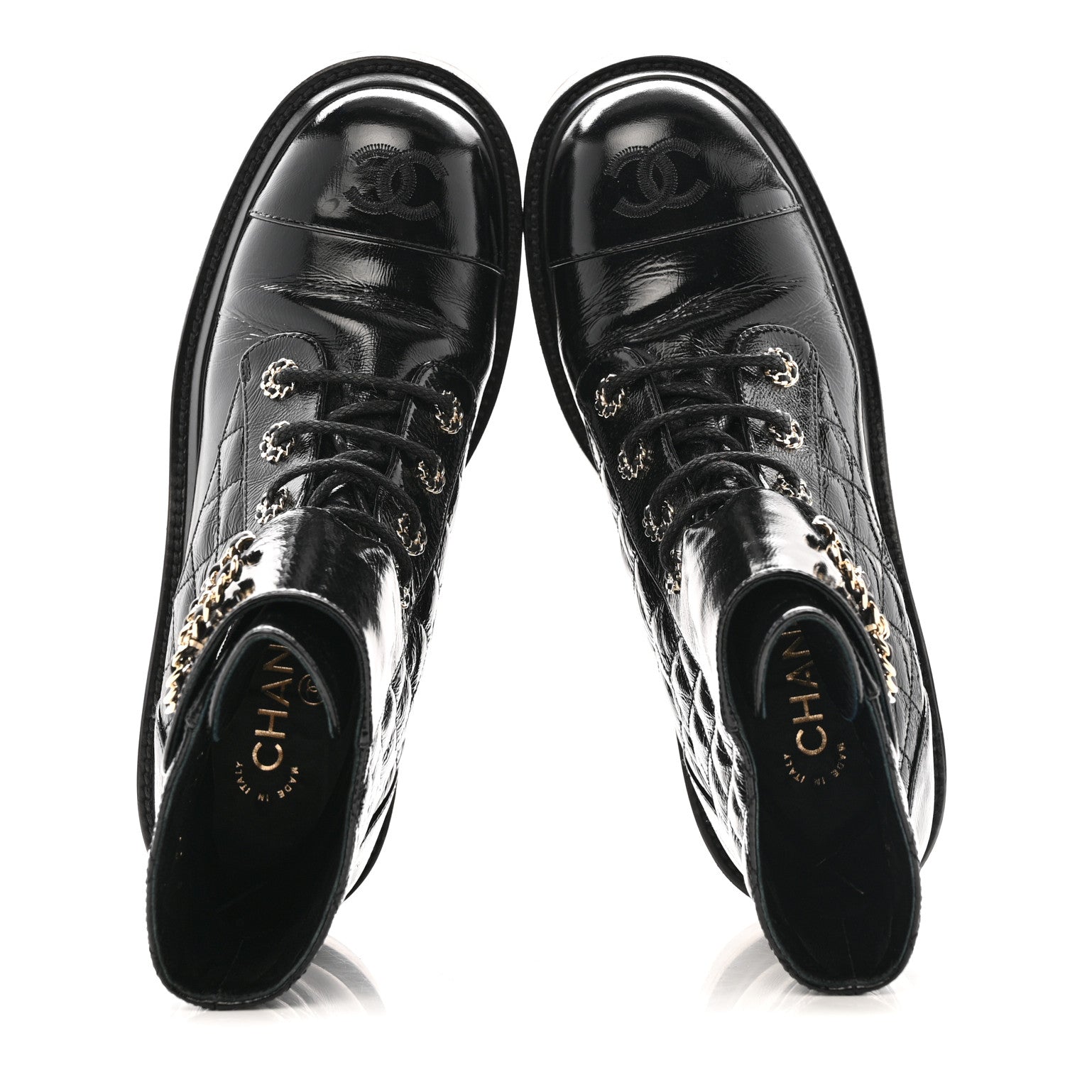 Chanel Shiny Calfskin Quilted Lace Up Combat Boots 39 Black