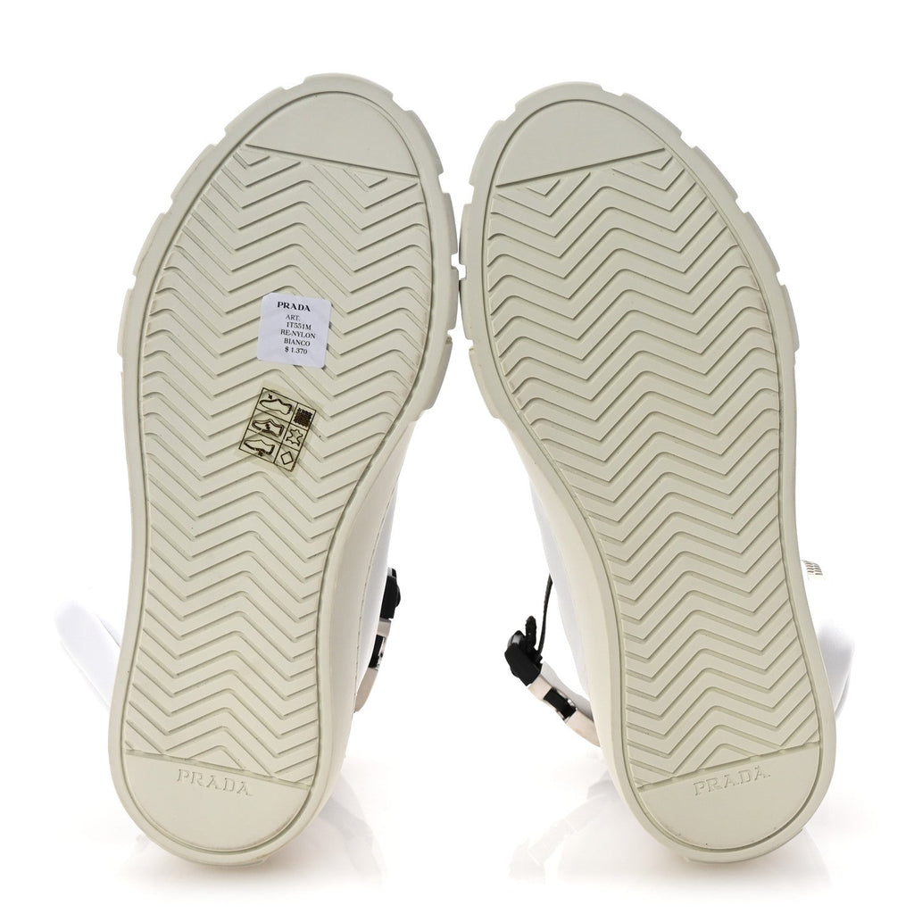 Prada Re-Nylon Gabardine Metal Triangle Logo Wheel Pouch Pocket High Top Sneakers 36 White