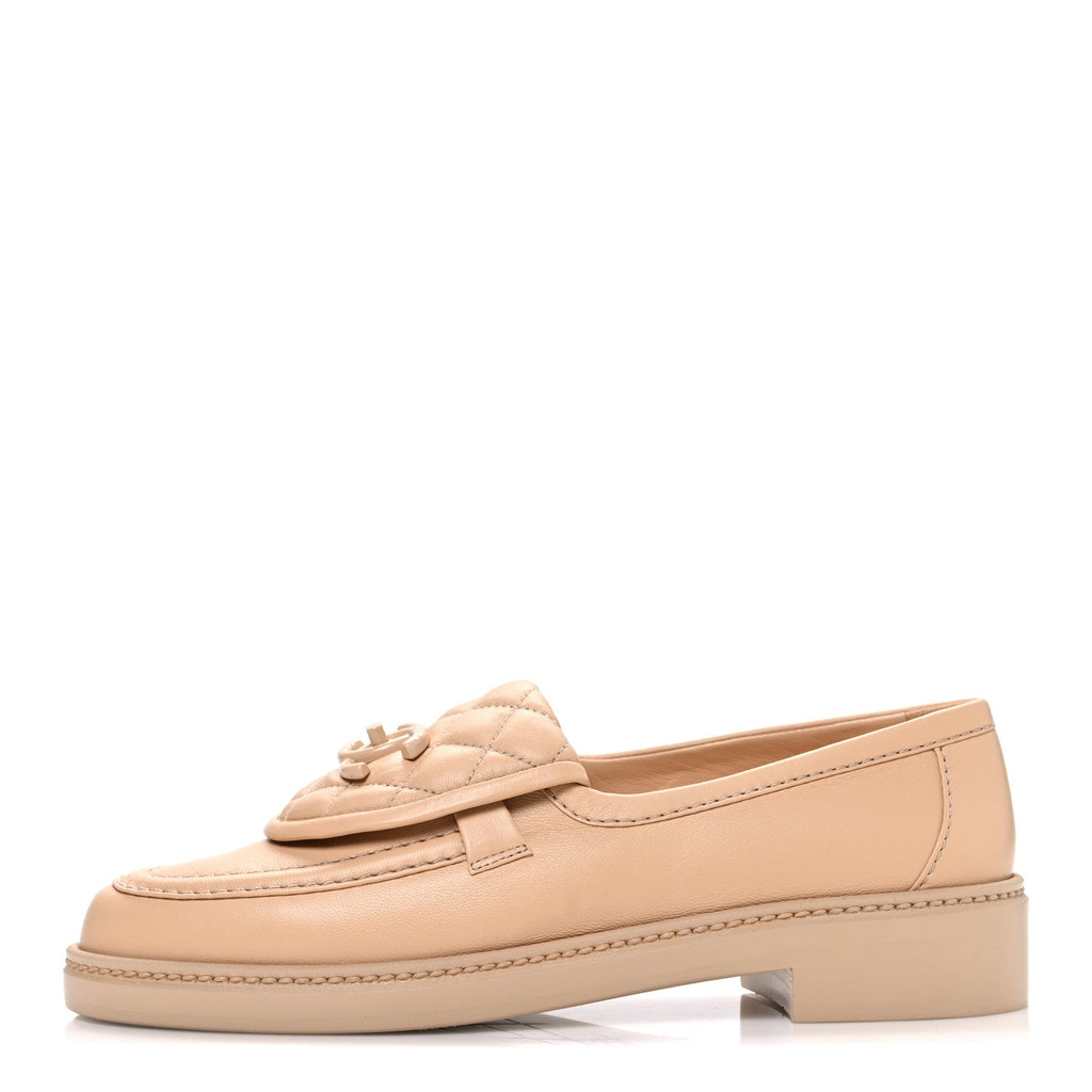 Lambskin Quilted CC Turnlock Moccasins 37 Beige