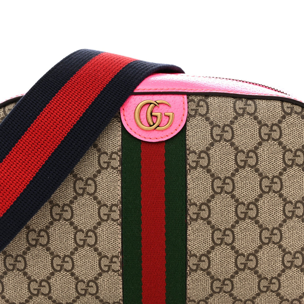 Gucci GG Supreme Monogram Textured Dollar Calfskin Web Ophidia Small Crossbody Bag Beige Ebony Fuchsia