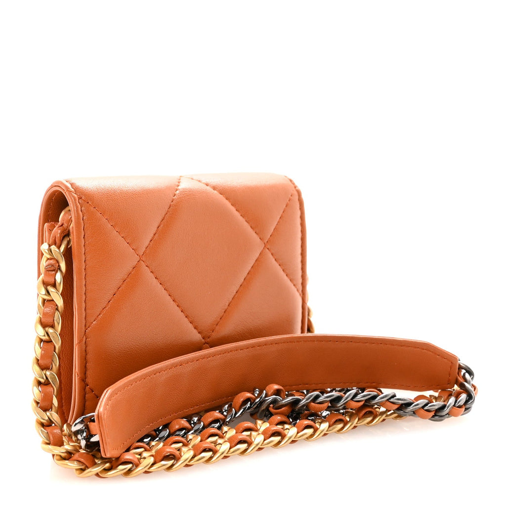 Chanel Lambskin Quilted Chanel 19 Flap Coin Purse With Chain Light Brown
