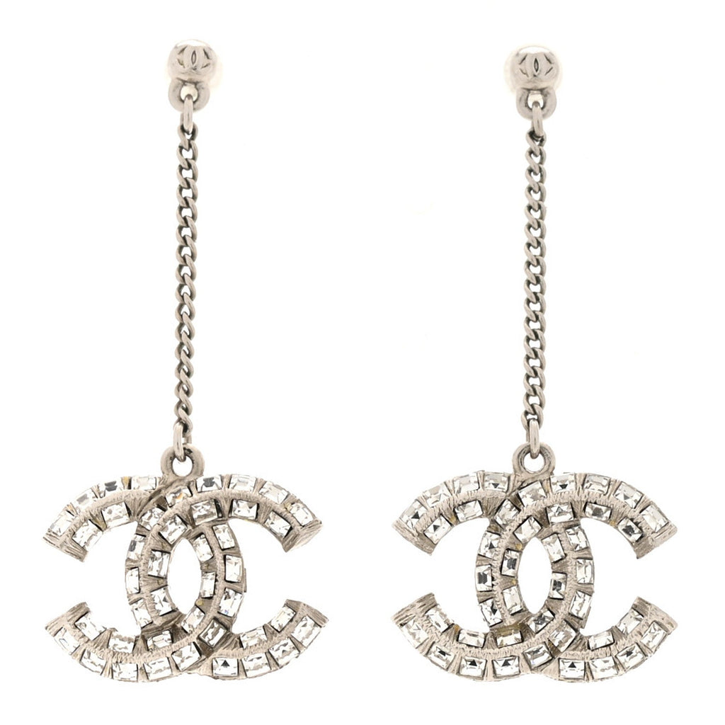 Baguette Crystal CC Drop Earrings Silver