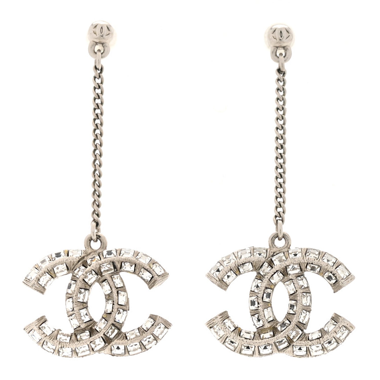 Baguette Crystal CC Drop Earrings Silver