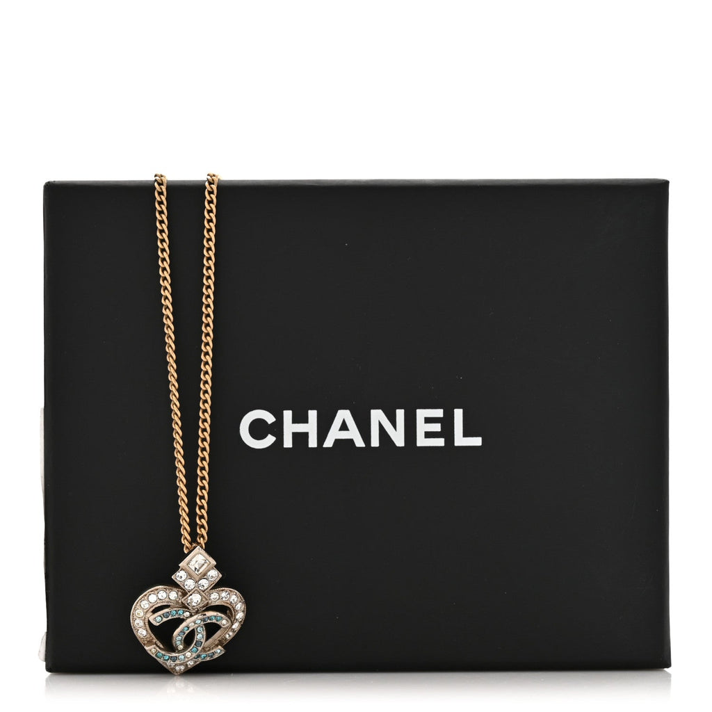 Crystal Heart CC Pendant Necklace Gold Silver Blue