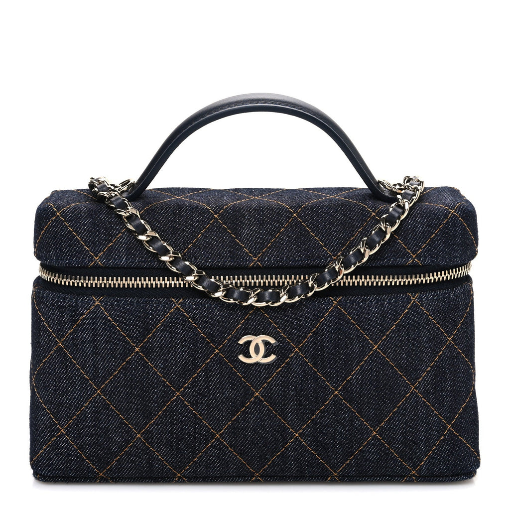 Chanel Denim Quilted Top Handle Slim Vanity Case With Chain Dark Blue Orange