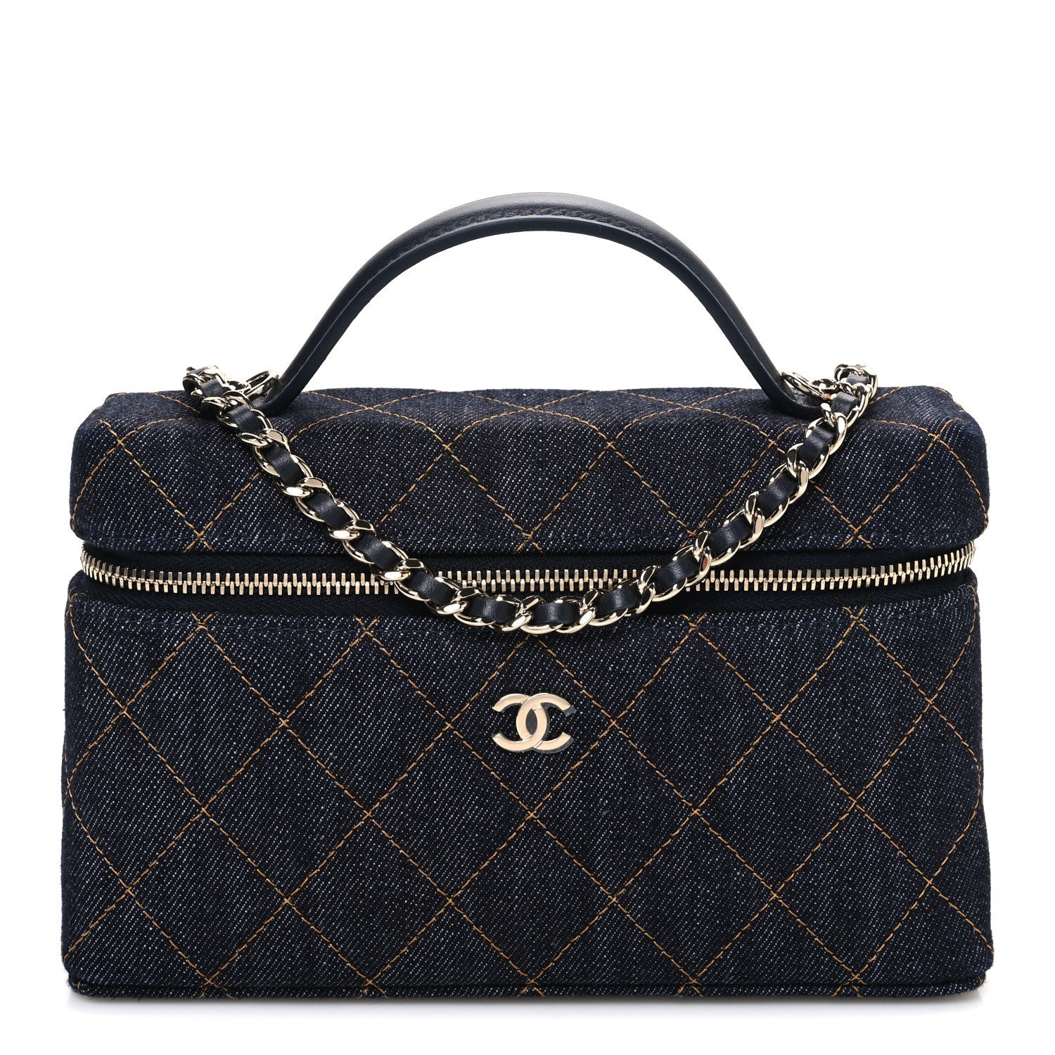 Chanel Denim Quilted Top Handle Slim Vanity Case With Chain Dark Blue Orange