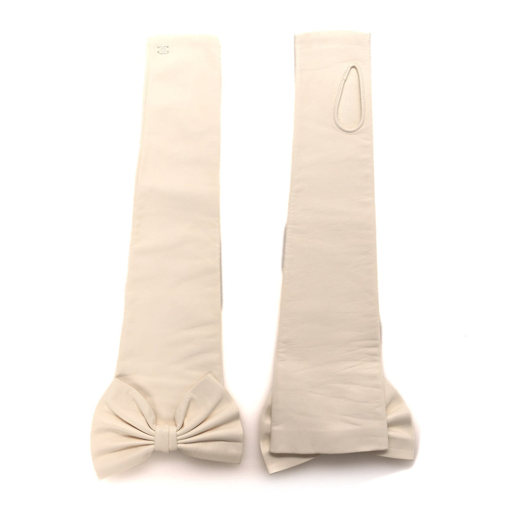 Lambskin Fingerless CC Bow Long Gloves Ivory