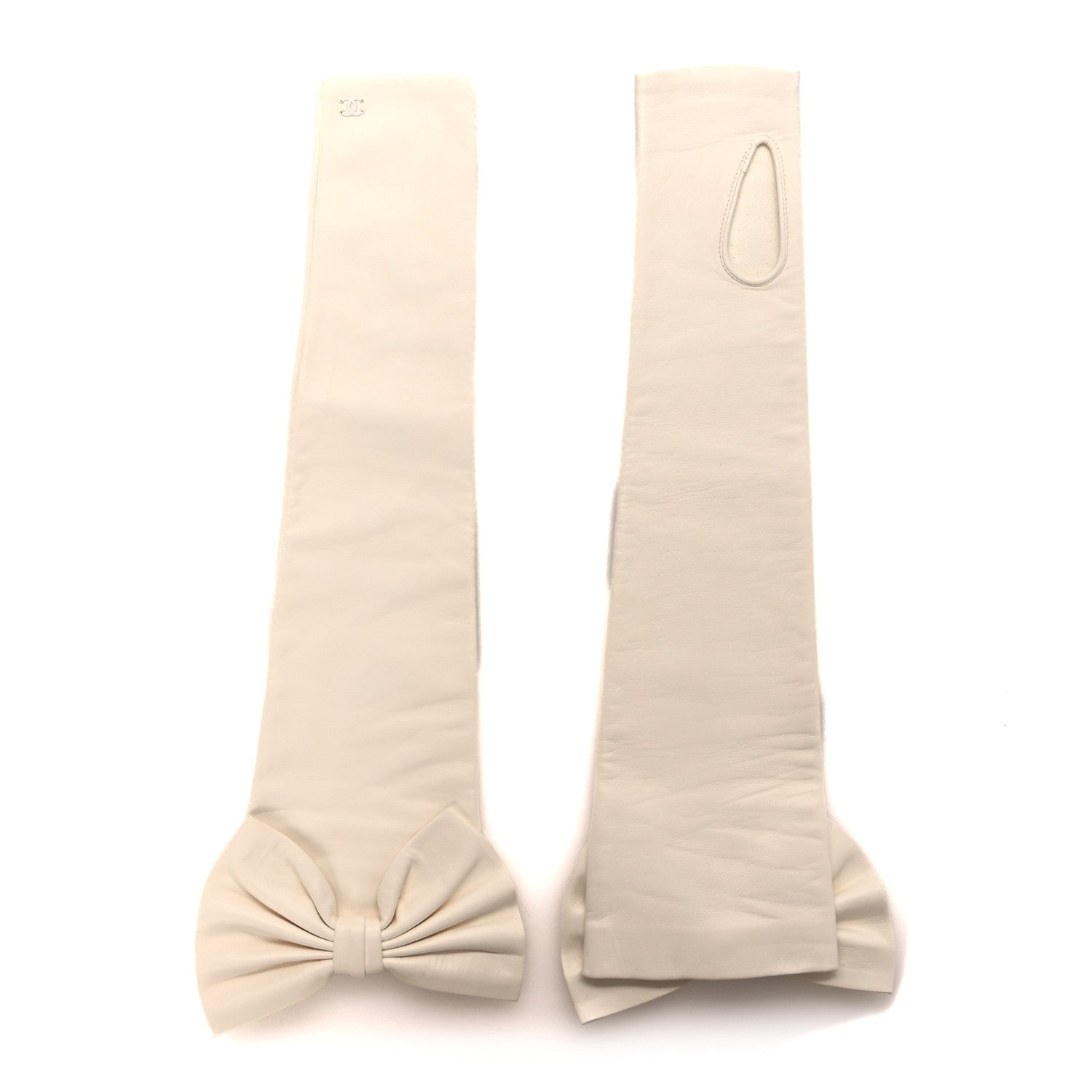Lambskin Fingerless CC Bow Long Gloves Ivory