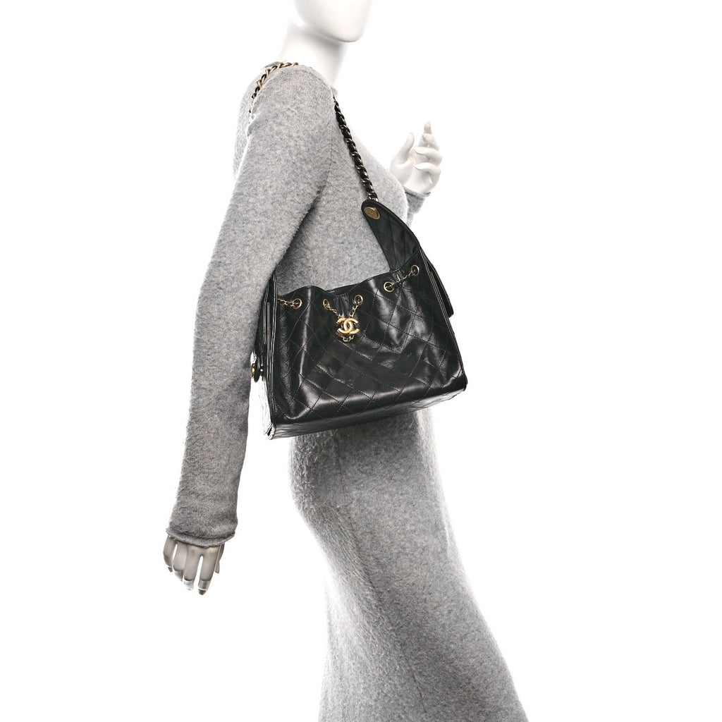 Chanel Shiny Crumpled Calfskin Quilted Small Chanel 25 Handbag Black