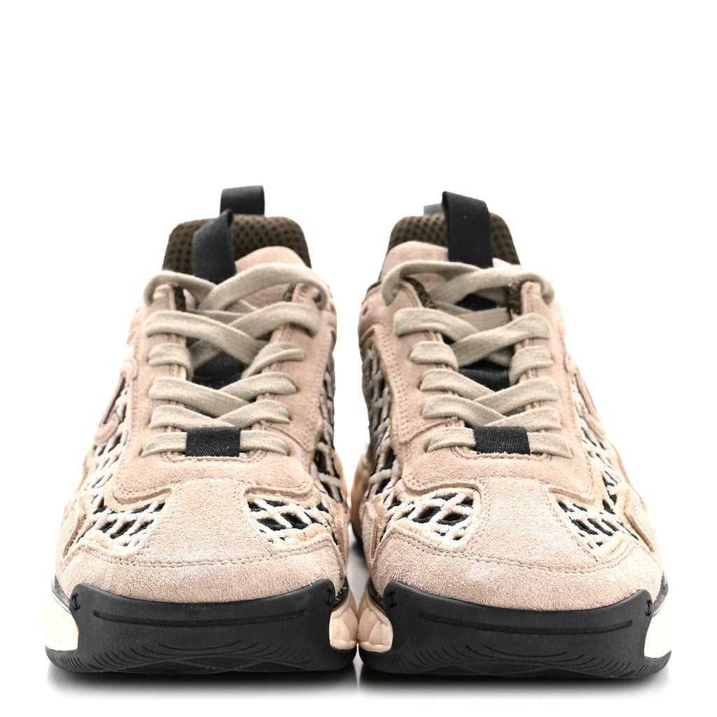 Chanel Suede Calfskin Embroidered CC Sneakers 35.5 Beige Black