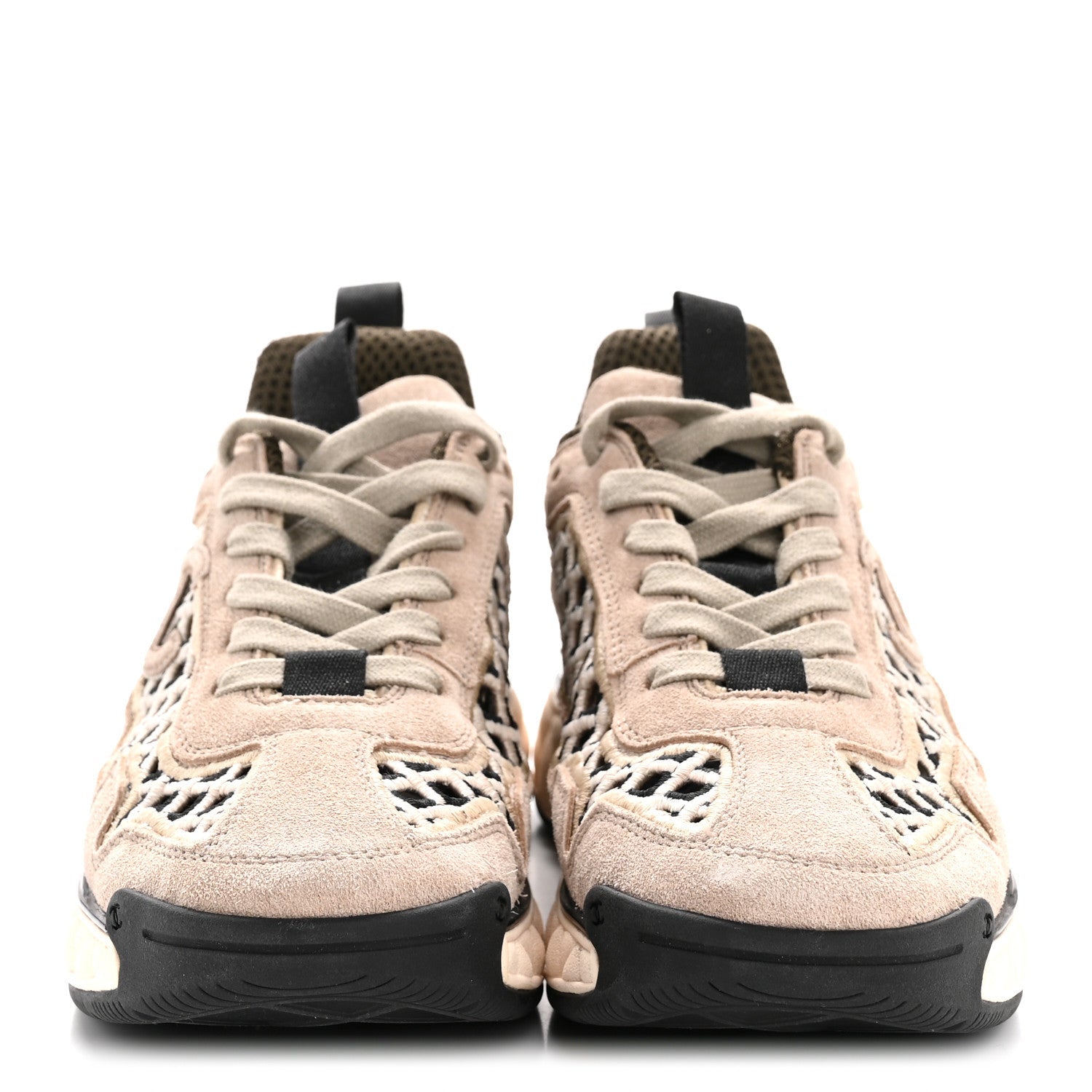 Chanel Suede Calfskin Embroidered CC Sneakers 35.5 Beige Black