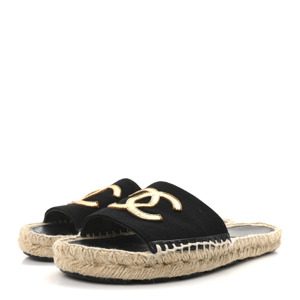 Chanel Wool Laminated Lambskin CC Slide Sandals 41 Black Gold
