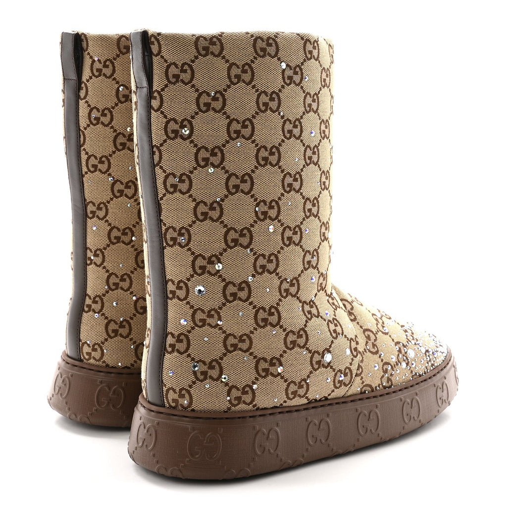 Gucci Monogram GG Strass Thermal Bootie 38.5 Camel Ebony