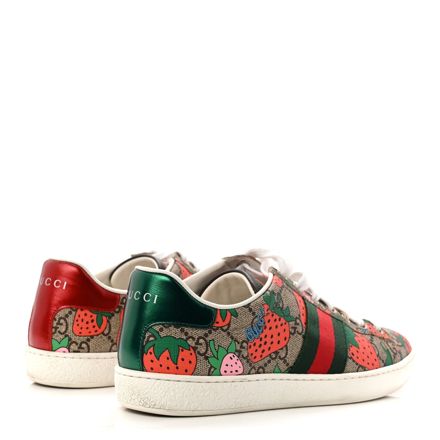 Gucci GG Supreme Monogram Strawberry Web Womens Ace Sneakers 36.5 Beige Multicolor Red Green