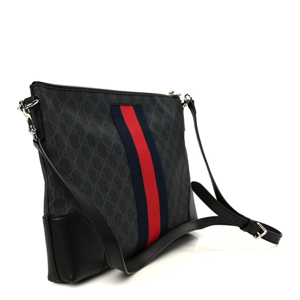 Gucci Soft GG Supreme Monogram Appia Calfskin Web East West Messenger Bag Black Grey