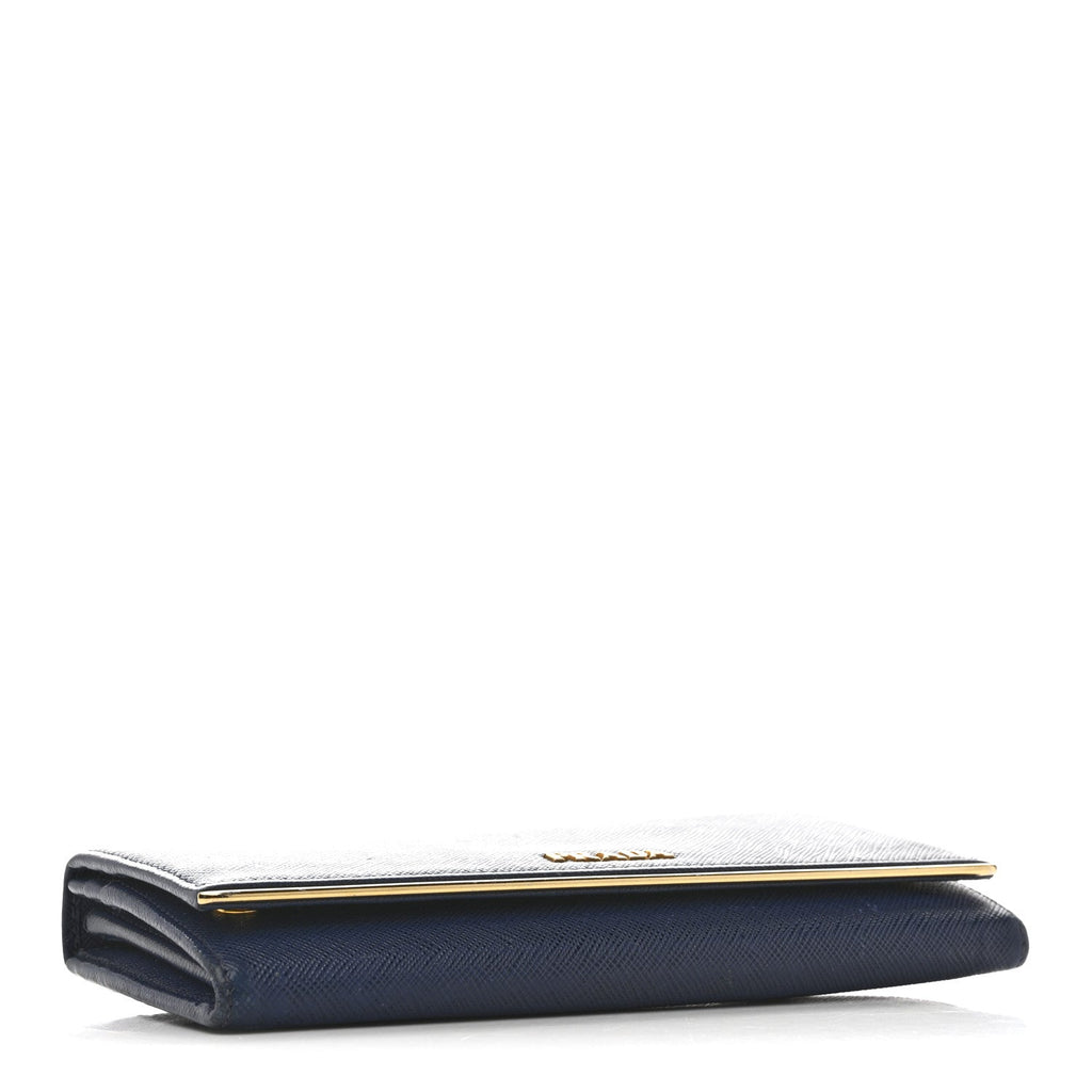 Prada Saffiano Metal Bar Continental Flap Wallet Bluette