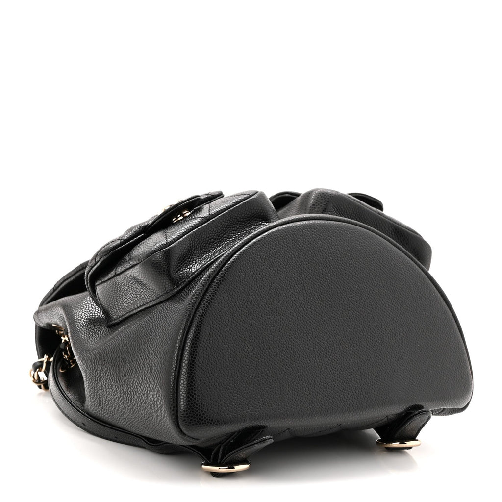 Chanel Shiny Caviar Quilted Medium Duma Pockets Drawstring Backpack Black