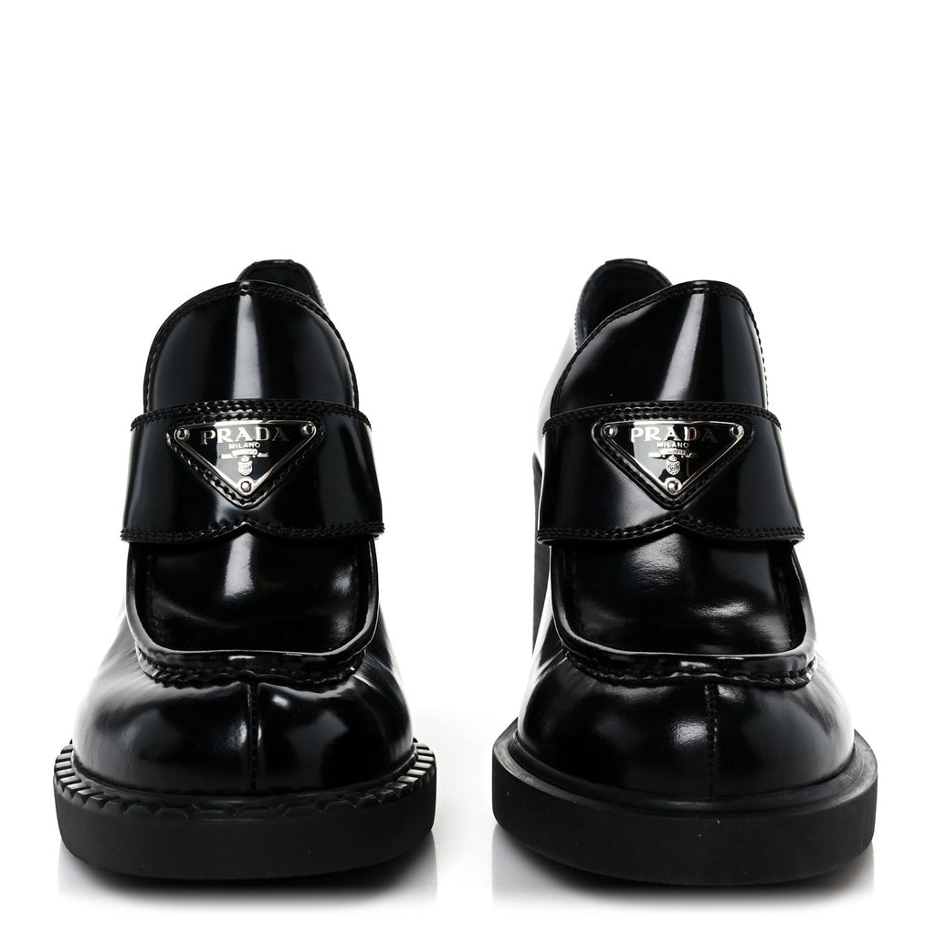 Prada Spazzolato Metal Triangle Logo 85mm Loafers 40 Black