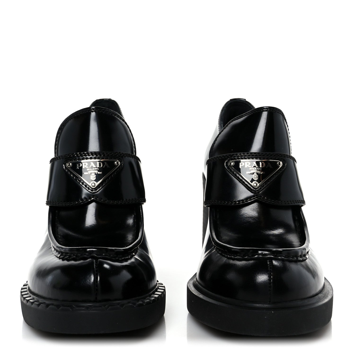Prada Spazzolato Metal Triangle Logo 85mm Loafers 40 Black